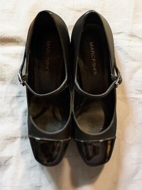 Marc Fisher Black Block Heel Pumps with Patent Toe